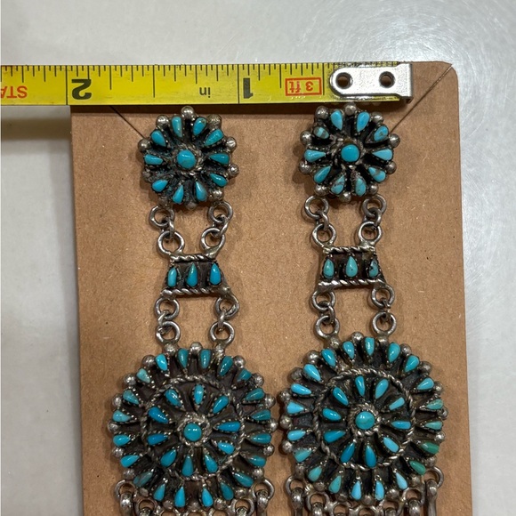 Vintage Native American Silver & Turquoise Double Drop Fringe Earrings - Picture 8 of 9